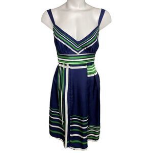 Guess Blue Green White Stripe Fit Flare V Neck‎ Silk Dress Sz 11